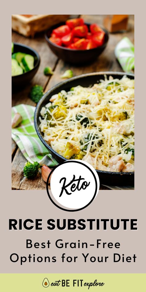 Graphic with a photo of a food, an encircled text "Keto," the title "Rice Substitute" and the subtitle "Best Grain-Free Options for Your Diet" Keto Rice Substitute, Keto Essentials, Keto Rice, Rice Substitute, Keto For Women, Carb Alternatives, Keto Food List, Stir Fries, Keto Diet For Beginners