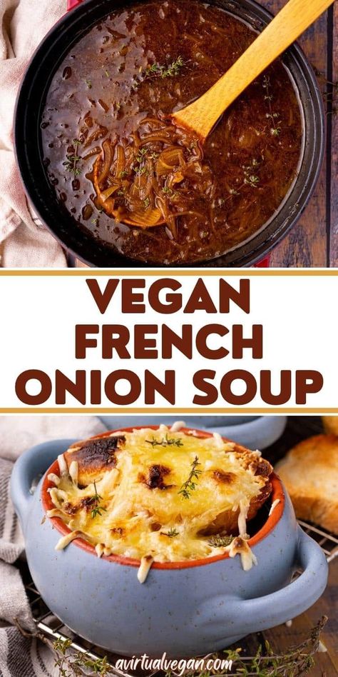 Let's make Vegan French Onion Soup! It's bold, rich, and packed with caramelized onion flavor. Delicious on its own but you really NEED a stack of toasty baguette and melty cheese on top to seal the deal! Vegan French Onion Soup, Red Wine Recipe, Classic French Onion Soup, Vegan French, French Onion Soup Recipe, Onion Soup Recipes, Vegan Soup Recipes, Savory Vegan, Vegan Soups