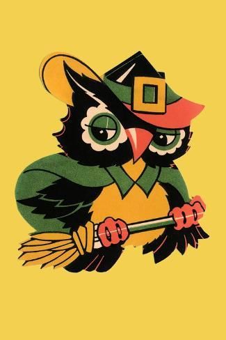 size: 18x12in Art Print: Wizard Owl on Broomstick : Cardboard Decorations, Owl Wizard, Vintage Halloween Images, Boho Halloween, Halloween Arts And Crafts, Halloween Owl, The Rocky Horror Picture Show, Halloween Wall Art, Halloween Illustration