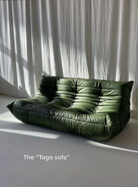 Floor Seating Living Room, Green Leather Sofa, Fabric Aesthetic, Togo Sofa, Interior Design Books, Green Sofa, Vintage Interiors, Vintage Sofa, Contemporary Sofa