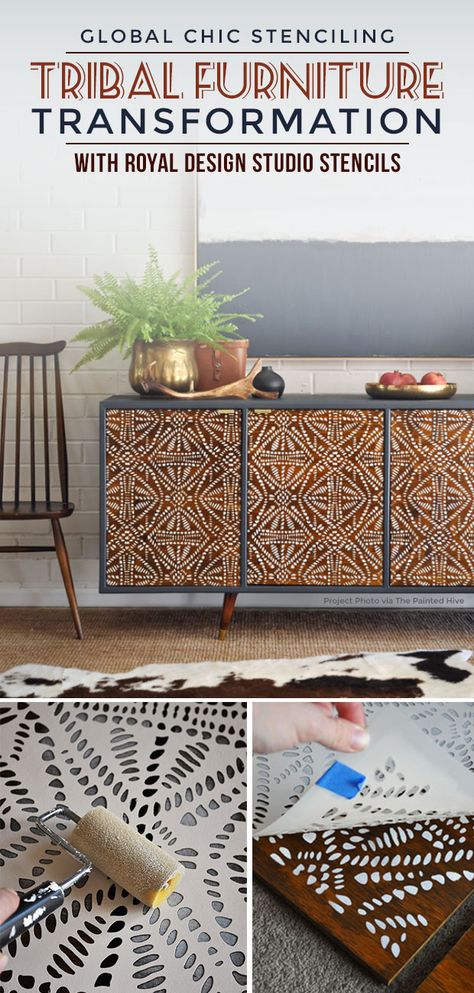 This gorgeous upcycle transformation features a wood cabinet that has repurposed and stenciled doors. See more of the furniture makeover using tribal stencils. Stenciled Doors, Wooden Cupboard, Stencil Furniture, Royal Design, Refurbished Furniture, Wooden Cabinets, Furniture Storage, Furniture Makeover Diy, Flipping Furniture