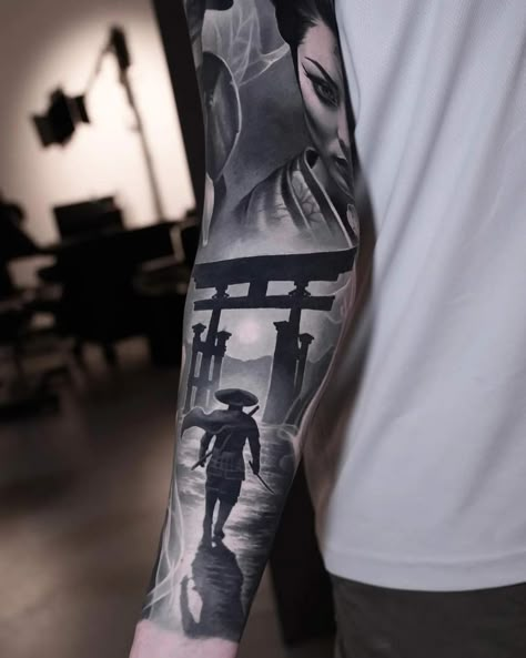 Japanese Tattoo Realism, Japanese House Tattoo, Realistic Japanese Tattoo, Asian Sleeve Tattoo, Japanese Realism Tattoo, Tattoo Sleeve Men Arm, Japanese Arm Tattoo, Realism Sleeve, Dragon Tattoo Realistic