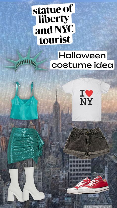 Halloween costume idea! #halloween #nyc #statueofliberty #outfit #duo Nyc Halloween Costumes, Tourist Halloween Costume, Tourist Costume, American Halloween, Fun Halloween Outfits, Tourist Outfit, New York Theme, New York Statue, Halloween Costume Idea