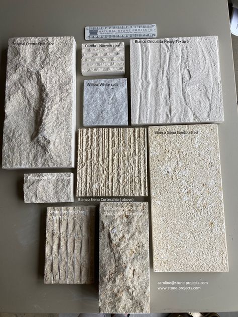 A selection of textured stone in cream tones for wall cladding Laterite Cladding Texture, Accent Stone Wall, Stone Wall Cladding Texture, Split Face Travertine, Marble Feature Wall, Limestone Wall Cladding, Stone Cladding Texture, Wall Cladding Texture, Wine Cellar Inspiration