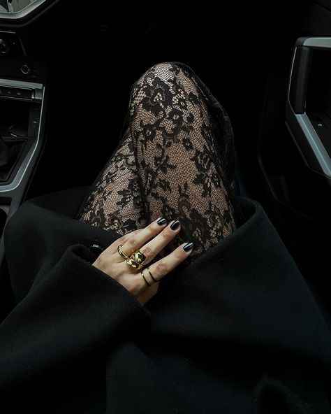 I don’t need flowers I need lace tights+bag: @nakdfashion coat+shoes+sunnies: @hm #elegantoutfit #styledujours #lookdujourbonjour #modeblog #classyoutfits #allblackoutfits #lacetights #effortlesslychic Flower Tights Outfit, Lace Tights Outfits, Leather And Lace Aesthetic, Lace Tights Aesthetic, Black Lace Tights Outfit, Lace Outfit Aesthetic, Lace Stockings Outfit, Lace Tights Outfit, Black Lace Tights