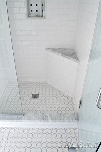 Love this shower -- especially the little corner seat.  Would use crema marfil marble and ivory-colored tile in mine! Shower Seat, Master Bath Remodel, Bathroom Remodel Shower, 아파트 인테리어, Basement Bathroom, Corner Shower, Upstairs Bathrooms, Bathroom Redo, Bath Room