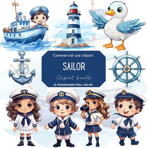 Sailor Illustration, Lighthouse Clipart, Sailor Birthday, Sailor Baby Showers, Nautical Clipart, Sea Clipart, Sailor Baby, Summer Clipart, Cartoons Png