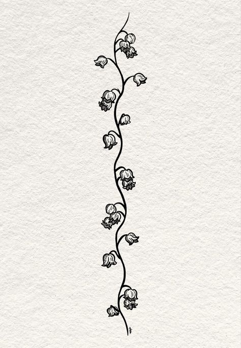 Lily of the valley tattoo mock-up Monet Water Lily Tattoo, Spine Tattoos Lily Of The Valley, Lily Of The Valley Tattoo Stencil, Long Simple Tattoo, Lily Of The Valley Vine Tattoo, Long Flower Drawing, Arrowhead Plant Tattoo, Delicate Fairy Tattoo, Lily Of The Valley Hand Tattoo