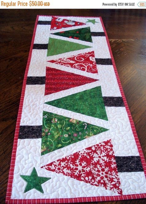 Quilted Table Runner Modern Christmas Trees, narrow runner red and green patchwork, bright and festive runner for your home decor  Made from the book Angles with Ease by Anka's Treasures. Christmas Table Runner Pattern, Quilting Table, Quilted Table Runners Christmas, Quilt Table Runners, Table Runners And Placemats, Christmas Quilting Projects, Christmas Table Runners, Diy Christmas Table, Table Runners Patterns