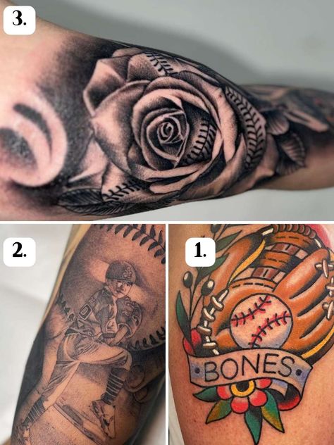 Baseball Tattoo Ideas Worthy of the Hall of Fame - Tattoo Glee Baseball Tattoos For Moms, Cool Baseball Tattoos, Feminine Baseball Tattoos, American Traditional Baseball Tattoo, Baseball Rose Tattoo, Baseball Flower Tattoo, Traditional Baseball Tattoo, Baseball Mom Tattoo Ideas, Baseball Tattoo For Men