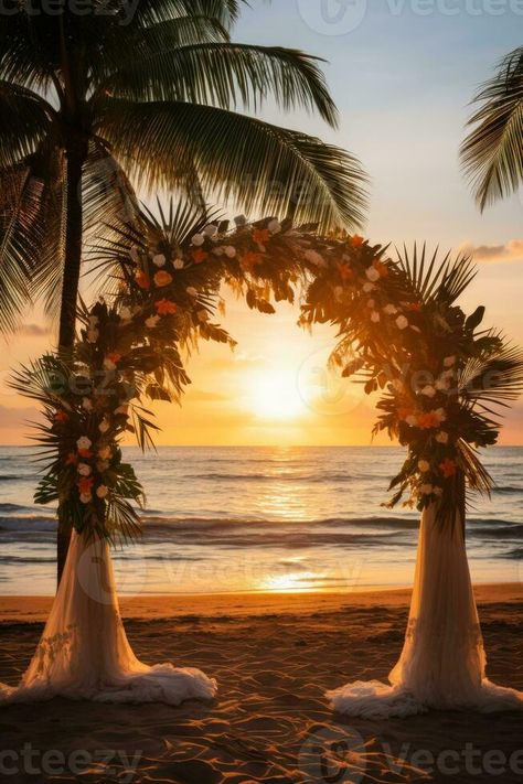 Tropical beach wedding setting at sunset background with empty space for text Sunset Beach Wedding Ideas, Beach Weding, Beach Wedding Background, Minimalist Beach Wedding, Fall Beach Wedding, Sunset Beach Wedding, Cute Couples Costumes, Sunset Beach Weddings, Dream Beach Wedding