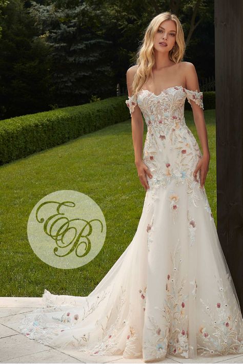 Morilee Persephone 2608 at Emmy's Bridal Floral Fit And Flare Wedding Dress, Morilee Persephone, Morilee Wedding Dresses, Mamma Mia Wedding, Bride Era, Mori Lee Wedding Dress, Nerd Wedding, Flowery Dress, Wedding Boards