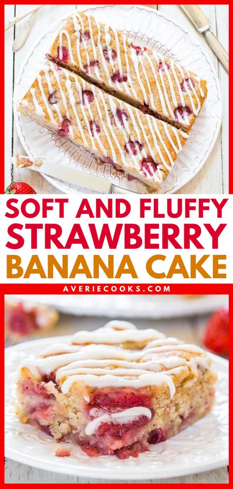 Soft and Fluffy Strawberry Banana Cake - Averie Cooks Strawberry Banana Dessert Recipes, Strawberry Banana Recipes, Strawberry Banana Desserts, Strawberry Banana Cake, Strawberry Banana Cakes, Easy Baking Recipe, Strawberry Recipes Easy, Banana Dessert Recipes, Averie Cooks