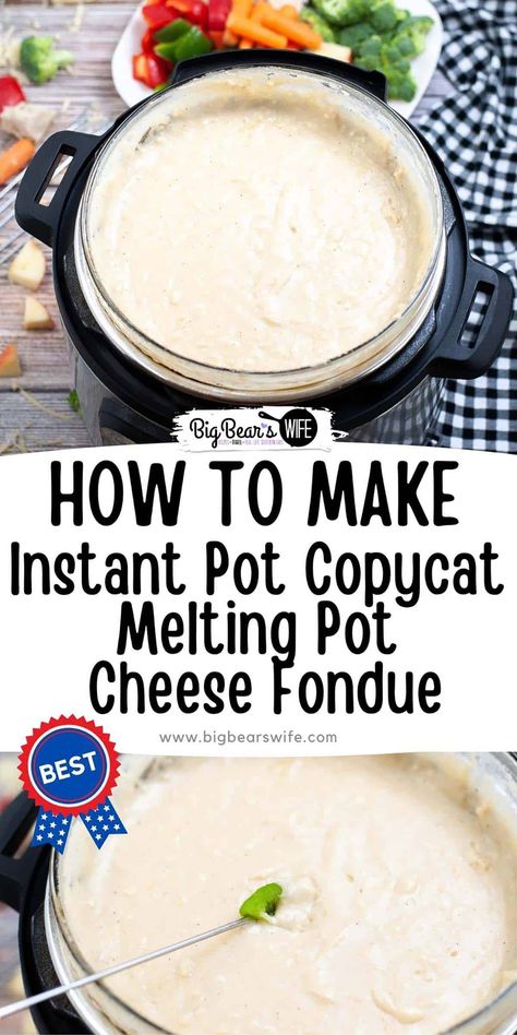 Ready for a fondue night at home? This Instant Pot Melting Pot inspired Cheese Fondue is ready in about 30 minutes and perfect for dipping breads, fruits and cooked meats! via @bigbearswife At Home Fondue Night, Diy Fondue Pot, Fondue Night At Home, Instant Pot Cheese, Melting Pot Cheese Fondue, Fondue Dinner, Fondue Night, Lectin Free, Plant Paradox