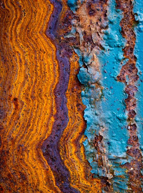 Abstract color photo / Rust Flow/ Art print / Orange and purple rust reveal the wavy metallic structure underlying the cracking blue paint. Cracked Paint, Flow Art, Flow Arts, Abstract Color, Rusty Metal, Color Photo, Abstract Photography, Beautiful Textures, Patterns In Nature