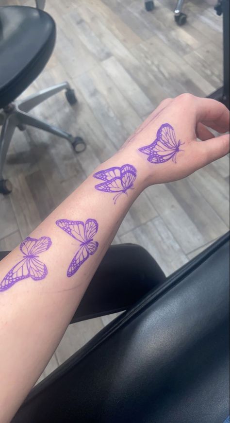 Purple Butterfly Hand Tattoo, Lilac Butterfly Tattoo, Purple Tattoos For Women, Purple Ink Tattoos, Purple Tattoo Ideas, Men Butterfly Tattoo, Purple Ink Tattoo, Purple Tattoo Ink, Purple Tattoo