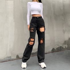 Hip Hop Jeans, Slacks For Women, Jeans Ripped, Black Ripped Jeans, Denim Pants Women, High Waist Fashion, Rave Wear, Pantalon Large, Straight Leg Denim