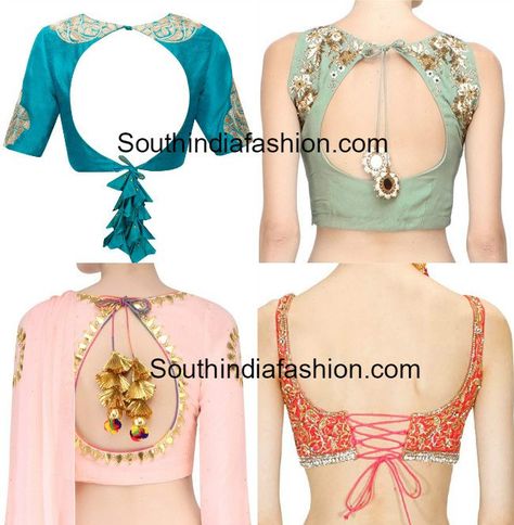 Take a look at these statement blouse back neck designs and different styles of the trendy tassels. Designs Blouse, Blouse Back Neck, Blouse Designs Catalogue, Backless Blouse Designs, Lehenga Blouse Designs, Blouse Back Neck Designs, Blouse Back, Sari Blouse Designs, Blouse Designs Indian