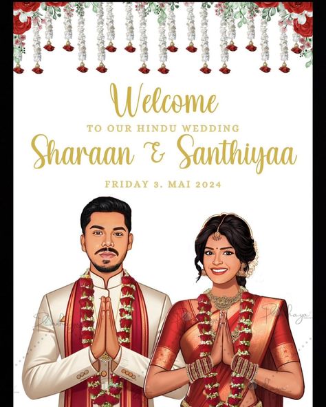 Ponthayadesigns | 📍🇨🇭Another Hindu welcome board design : Vision by @santhiyaa___ and @sharaan_sk | video credit : @akmakeup1 & photo credits : couple’s… | Instagram Hindu Wedding Caricature, Welcome Board Design, Couple Illustrations, Wedding Illustration Card, Couple Illustration Wedding, Couple Png, Wedding Card Design Indian, Illustrated Wedding Invitations, Welcome Photos