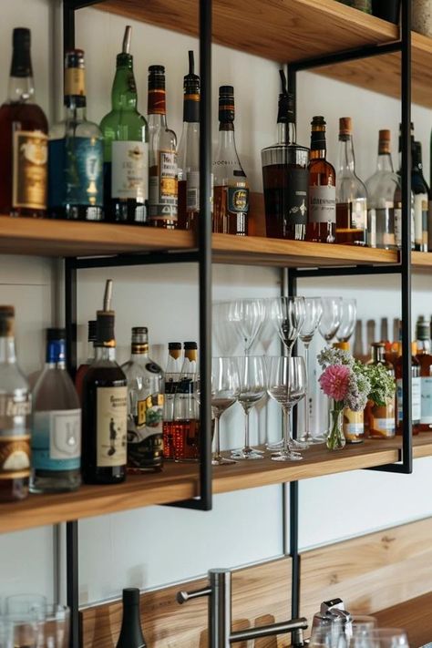 Creative Bar Shelving Ideas for Your Home How To Style Bar Shelves, Open Bar Shelving, Shelves In Bar Area, Bar Shelves Ideas Liquor, Bar Shelving Ideas, Bar Open Shelving, Bar Shelves Ideas, Diy Bar Shelves, Glass Bar Shelves