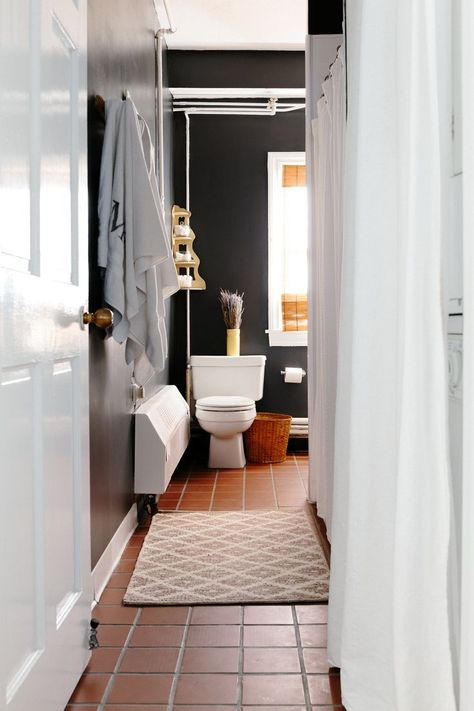 Bathroom Terracotta Floor, Terracotta Tiles Bathroom, Red Tile Floor, Storage Ladder, Terracotta Floors, Boston Interiors, Bathroom Remodel Cost, Red Floor, Downstairs Toilet