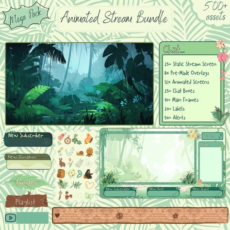 Animated Twitch overlay , Jungle Twitch overlay, Twitch stream overlay , Stream package, Twitch alerts,  Twitch assets, Twitch panels 🌲A collection of immersive forest-themed lo-fi stream overlays with animations to enhance your streaming experience. Introducing our collection of animated and forest-themed lo-fi stream overlays. Step into a world of lush greens, earthy browns, and serene vibes. Customized for Twitch, these overlays are guaranteed to create a tranquil, nature-inspired atmosphere Dream Twitch Con, Stream Overlay Design, Stream Setup, Cozy Aesthetics, Twitch Stream Overlay, Twitch Package, Twitch Alerts, Twitch Streaming Setup, Streaming Setup