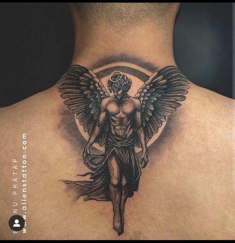 Behind The Neck Tattoos, Back Tattoos For Guys Upper, Upper Shoulder Tattoo, Angel Back Tattoo, Best Small Tattoos, Upper Back Tattoos, Realistic Tattoo Sleeve, Tattoos Men, Back Piece Tattoo