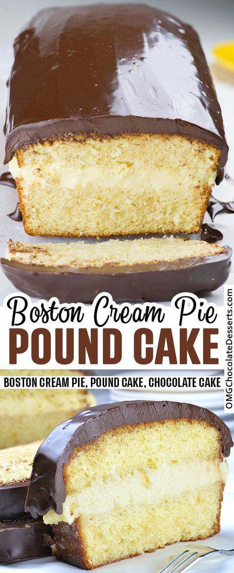 Boston Cream Pie Pound Cake | A Pound Cake with Chocolate Ganache! Bakewell Cake, Boston Cream Cake, Boston Cream Pie, Cream Pie Recipes, Boston Cream, Cake Layers, Vanilla Flavor, Chocolate Dessert Recipes, Pie Cake