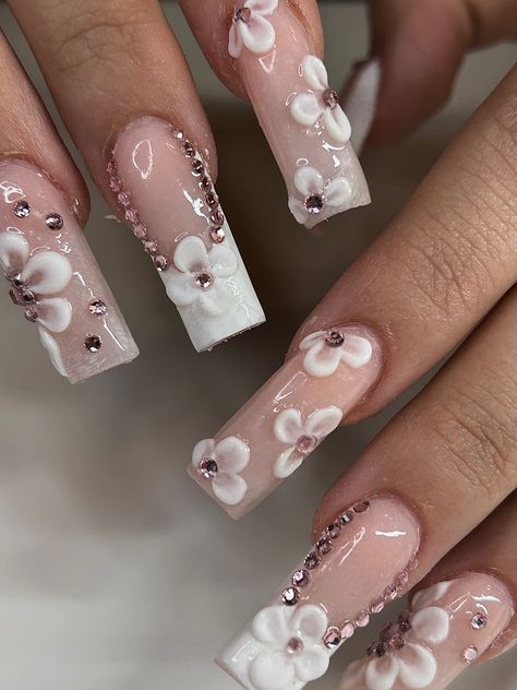 Textured Flower Nails, 3d Flower Nails Medium Length, 3rd Flower Acrylic Nails, Almond Nails With 3d Flower, 3d Flower Nails Acrylics, Rhinestones Acrylic Nails, Spring Nails Long, Nails With 3d Flowers, Hawaiian Flower Nails