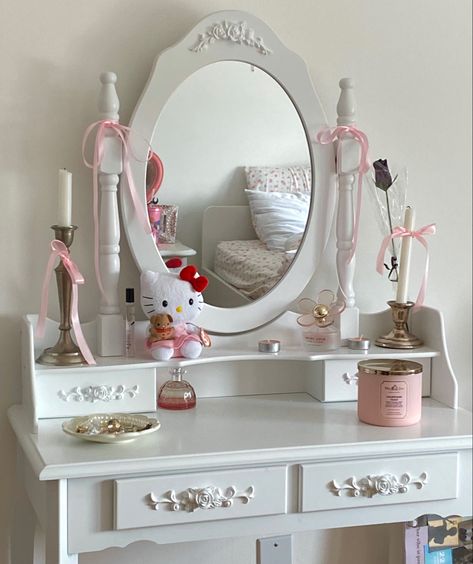 coquette aesthetic vanity with pink ribbon and candles and perfume and hello kitty and jewelry room aesthetic cute pink coquette white vanity Aesthetic Vanity, Vanity Aesthetic, Jewelry Room, Feminine Room, Bedroom Vanity Set, Coquette White, Coquette Room, Casa Vintage, Girly Room