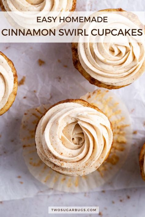 Cinnamon cupcakes are easy homemade vanilla cupcakes swirled with a brown sugar cinnamon roll filling. They are soft and tender, made with simple ingredients and quick to make. A not-too-sweet cinnamon buttercream frosting gives them the perfect finishing touch. Easy Cinnamon Cupcake Recipes, Cinnamon Cupcakes Recipe, Cinnamon Swirl Cupcakes, Chocolate Chip Cupcakes Recipe, Cinnamon Roll Filling, Cinnamon Buttercream Frosting, Homemade Vanilla Cupcakes, Cinnamon Roll Cupcakes, Homemade Cupcake Recipes