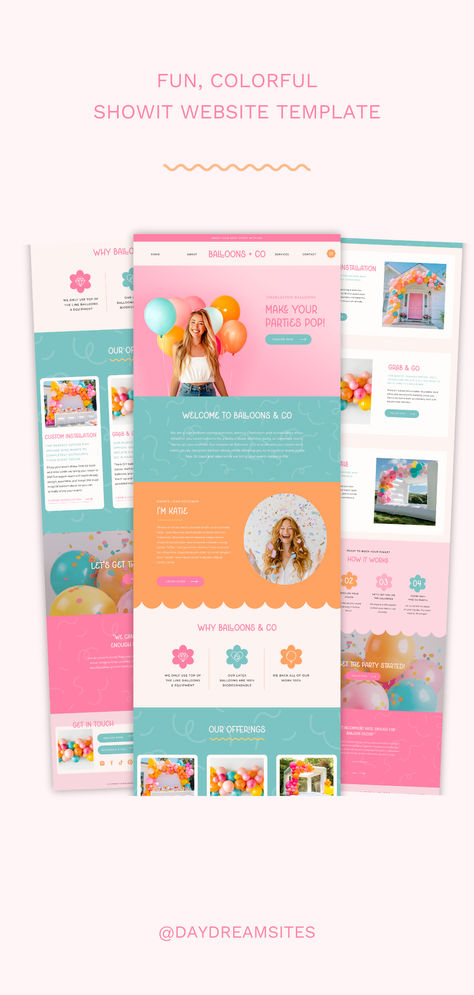 fun, colorful Showit website template Party Planner Website Design, Birthday Website Design, Fun Website Design Creative, Birthday Color Palette, Playful Website Design, Event Agenda, Planner Website, Website Layouts, Colorful Website