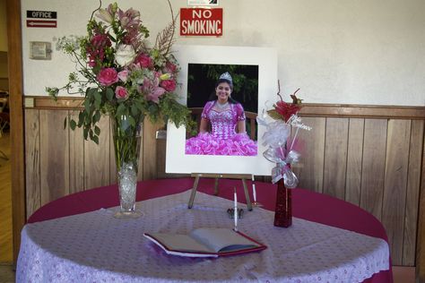 At my sister's pink quinceanera, we had an entrance table with a guest book and a framed photo to sign. Great way to remember the date. Quinceanera Entrance Ideas, Quinceanera Entrance, Mint Quinceanera Dresses, Quinceanera Guest Book, Mint Dresses, Pink Quinceanera, India Decor, Quinceañera Dresses, Guest Book Ideas