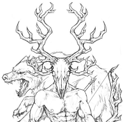 Antlers Skull Tattoo Sleeve, Antlers Drawing, Elder Scrolls Art, Creature Drawings, Dark Art Drawings, Mythical Creatures Art, Tattoo Sleeve, Monster Art, Elder Scrolls