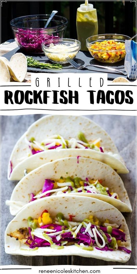 This summer, elevate your grilling game with our Rockfish Tacos Recipe. Packed with the goodness of avocado dressing, crunchy slaw, and succulent grilled rockfish, these tacos are the real deal for any food lover. Ideal for serving at your next party or snack time, they embody the essence of seafood recipes and healthy recipes. Arrange a taco bar and enjoy these delightful tacos with friends and family. It's not just food; it's an experience. Ready to serve up something deliciously different? Rockfish Tacos Recipe, Rockfish Tacos, Pickled Slaw, Summer Grill Party, Yummy Lunch Recipes, Homemade Appetizer, Quick Pickled, Avocado Dressing, Taco Bar