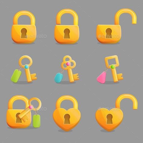 Collection of golden padlocks in various shapes and states. Open, unlocked and lockd and golden skeleton keys with charms. Game an Lock Design, Coin App, Key Icon, Photoshop Tutorial Graphics, Badge Icon, Lock Icon, Game Effect, Game Gui, Casual Art