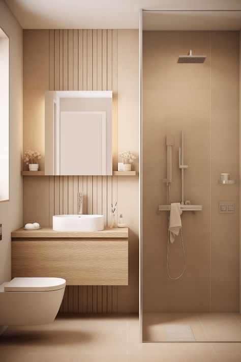 This warm beige bathroom is compact but has everything needed. The open rain shower with sand colored tiles, small rounded sink with integrated wooden basin cabinet, wall mounted toilet seat and mirror on a wooden shelf. The wooden paneling gives the space a sophisticated atmospehere. Window gives light to the interior. Minimal Toilet, Wooden Basin, Sand Bathroom, Bathroom Textiles, Monochromatic Bathroom, Wooden Paneling, Colored Tiles, Wooden Floor Tiles, Compact Bathroom