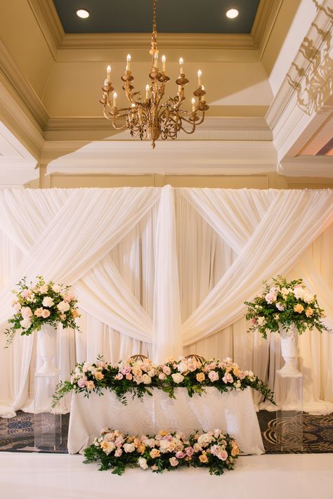 Head Table Draping Wedding, Reception Sweetheart Table Backdrops, Sweetheart Table Design, Sweetheart Table With Arch, Backdrop For Sweetheart Table, Sweetheart Table Draping, His And Her Table Wedding, Simple Sweetheart Table Decor, Sweetheart Table Floral Backdrop