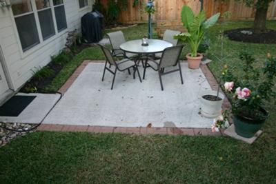 concrete and brick edge patio approximately 9' or 10'  by 9' by 10' Concrete And Brick Patio, Extending Patio, Rustic Outdoor Spaces, Concrete And Brick, Concrete Paver Patio, Patio Upgrade, Bluestone Pavers, Online Landscape Design, Concrete Patio Makeover