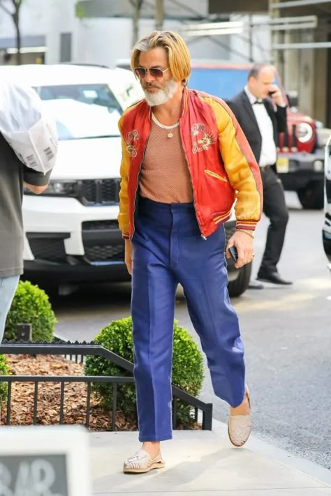 Chris Pine 2024, Tom Selleck Style, Groom Outfit Ideas, Chris Pine Style, Brad Pitt Style, What Is Trending Now, Orange Jacket, Style Transformation, Tom Selleck