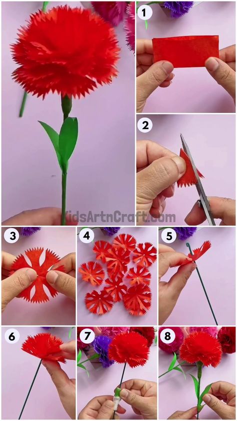 Beautiful Carnation Paper Flowers Craft Tutorial For Beginners Carnation Paper Flowers, Paper Flowers Craft Tutorial, Creative Paper Crafts, Red Crafts, Diy Anniversary Gift, Carnation Crafts, Cards Simple, Flowers Craft, Diy Anniversary