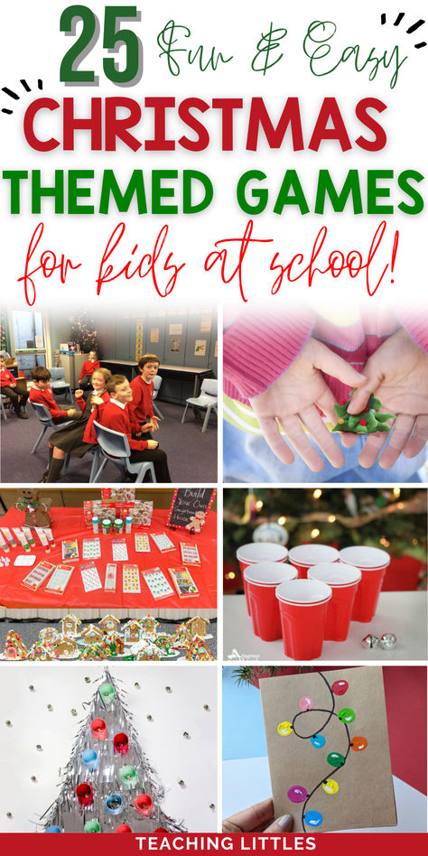 These Christmas games for kids at school are sure to bring laughter and holiday cheer to your school pick a few and have fun! Kids Winter Games For School, Christmas Fun Days For School, Holiday Games For Preschoolers, Team Christmas Games For Kids, Christmas School Games For Kids, Elementary School Winter Holiday Party Games, Christmas Game For Kids At School, Class Christmas Games For Kids, Christmas Games Elementary School