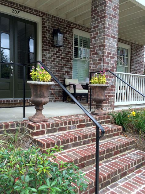 Porch Hand Rails - Designs, Kits and More Porch Step Railing, Front Porch Stairs, Exterior Stair Railing, Porch Handrails, Exterior Handrail, Porch Railing Designs, Brick Porch, Outdoor Handrail, Front Porch Railings