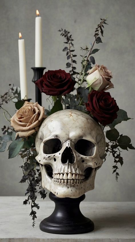 Get creative with these spooky Halloween-themed flower centerpiece ideas! Whether it's dark roses, creepy branches, or eerie accents, this arrangement is perfect for setting a hauntingly beautiful table.  Start your Halloween decorating now! Skull Flower Centerpiece, Gothic Table Decorations, Elegant Gothic Halloween Decor, Goth Table Centerpiece, Horror Centerpieces, Gothic Table Centerpieces, Goth Floral Arrangements, Halloween Quinceanera Ideas, Goth Wedding Centerpieces