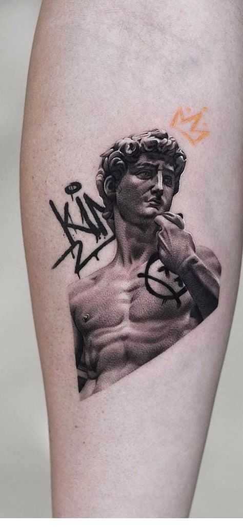 Tattoo Inspired Art, Small Realism Tattoo Men, The David Tattoo, Friday Kahlo Tattoo, Micro Tattoo Men, Modern Tattoo Men, Microrealism Tattoo Men, David Statue Tattoo, David Tattoo Design