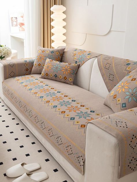 1pc Polyester Sofa Towel, Modernist Geometric Pattern Anti-slip Sofa Cover Blanket For All Season | SHEIN USA Chenille Sofa, Couch Cover, Drapery Hardware, Window Drapes, Sofa Cushion, Window Shades, Couch Covers, Drapery Fabric, Jacquard Fabric