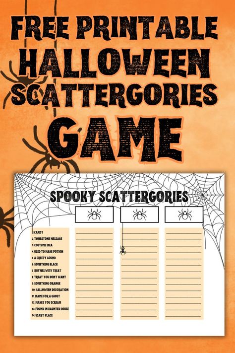 Printable Games For Adults, Halloween Scattergories, Free Halloween Games, Adult Halloween Party Games, Halloween Party Ideas For Kids, Scattergories Game, Halloween Tea Party, Fun Halloween Party Games, Halloween Party Activities