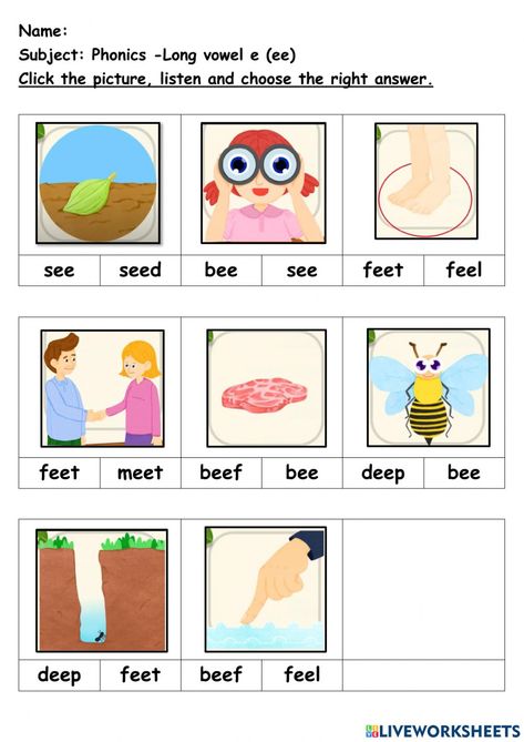 Long Vowel E Worksheets, Vowel E Worksheets, Long Oo Sound Worksheet, Ee Phonics, Long Vowel Silent E Worksheets Free, Long Ee Sound Worksheet, Long Vowel Sounds Worksheets, O_e Worksheets Long Vowels, A_e Words Long Vowels