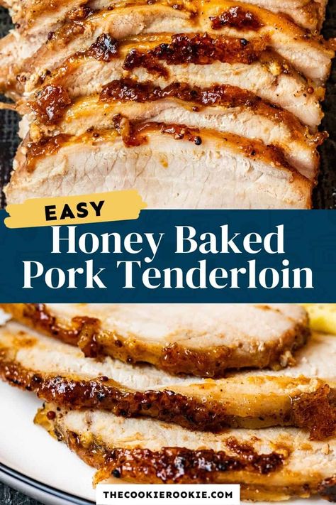 Honey Baked Pork Tenderloin is a delicious option for any dinner or holiday feast. It's flavorful, tender, and easy to make. The honey glaze bakes right into the pork, and then we caramelize it at the end to create a nice crispy coating. This beautiful honey mustard pork recipe is sure to impress everyone who tries it! Pork Loin Recipes Oven, Baked Pork Loin, Recipe Using Honey, Mustard Pork Tenderloin, Baked Pork Tenderloin, Comfort Meals, Slow Cooker Pork Tenderloin, Honey Pork, Honey Baked