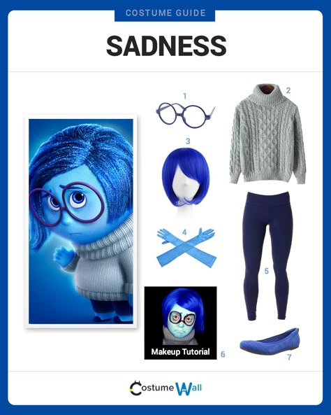 Dress Like Sadness, 1 of the 5 emotions from Inside Out. See additional costumes and cosplays of Sadness. Inside Out Halloween, Pixar Costume, Inside Out Costume, Costume Guide, Black Halloween Dress, Mindy Kaling, Disney Inspired Outfits, Party Costumes, Disney Bounding